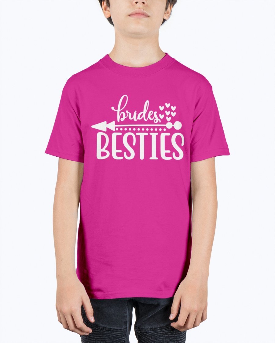 Brides Besties Youth Tee Unisex in white with stylish text, perfect for bridal parties.