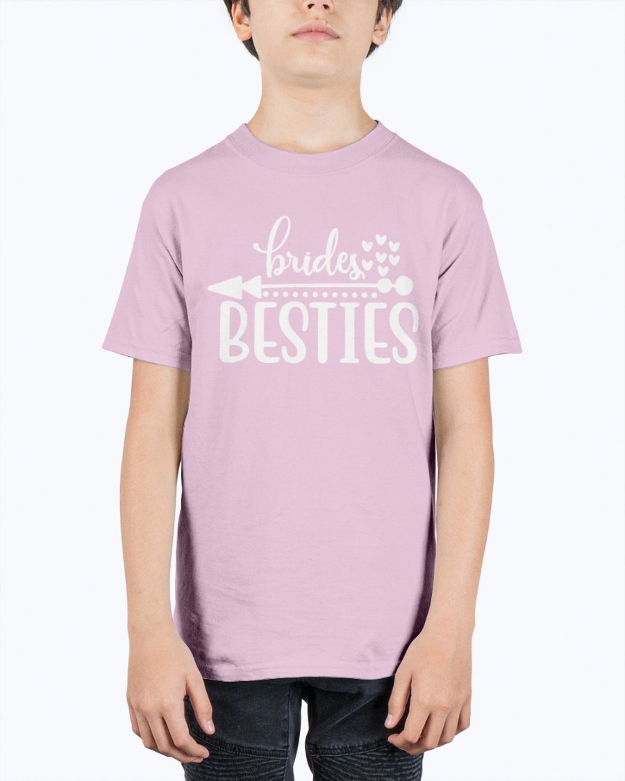 Brides Besties Youth Tee Unisex in white with stylish text, perfect for bridal parties.