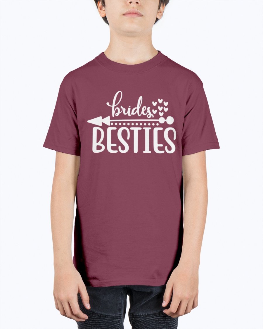 Brides Besties Youth Tee Unisex in white with stylish text, perfect for bridal parties.