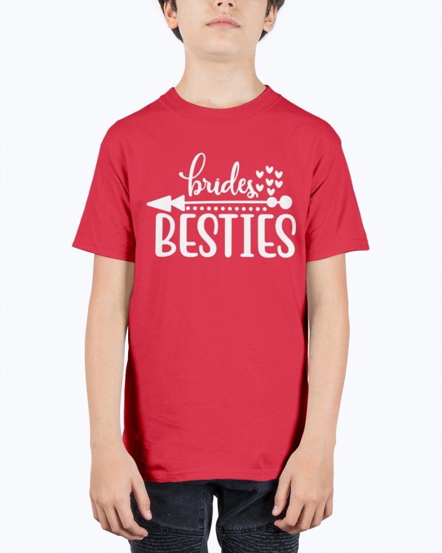 Brides Besties Youth Tee Unisex in white with stylish text, perfect for bridal parties.