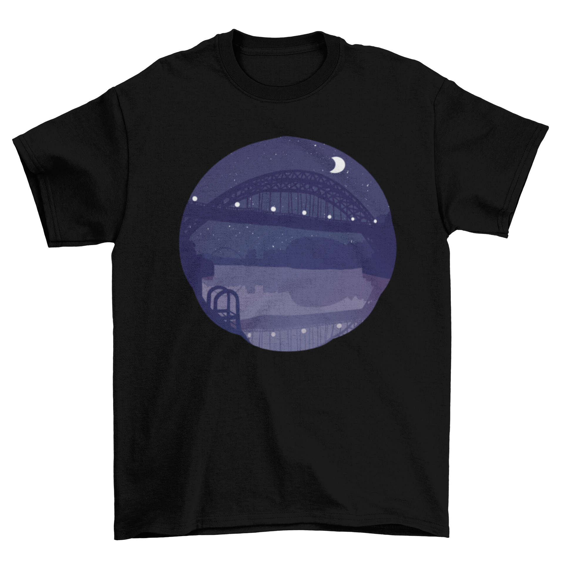 A beautifully designed t-shirt featuring a serene night landscape with a bridge illuminated under the stars.