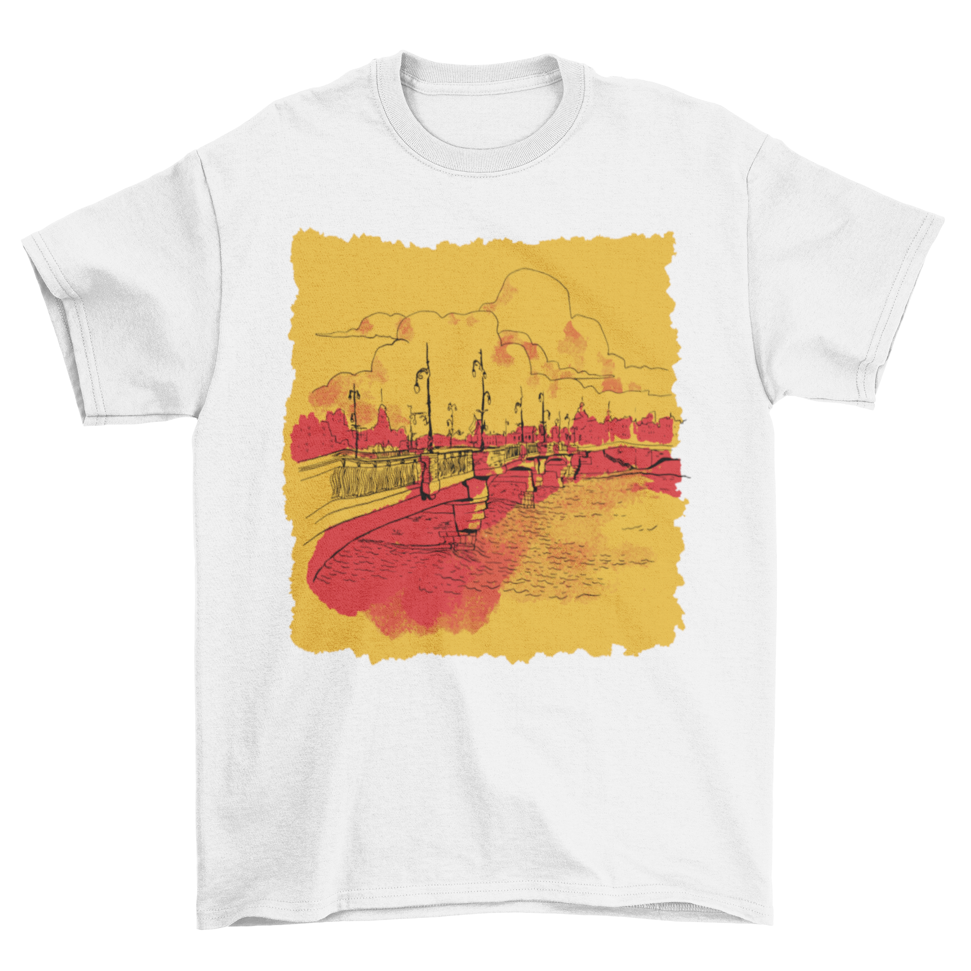 A stylish t-shirt featuring a vibrant design of a bridge over a serene ocean landscape.