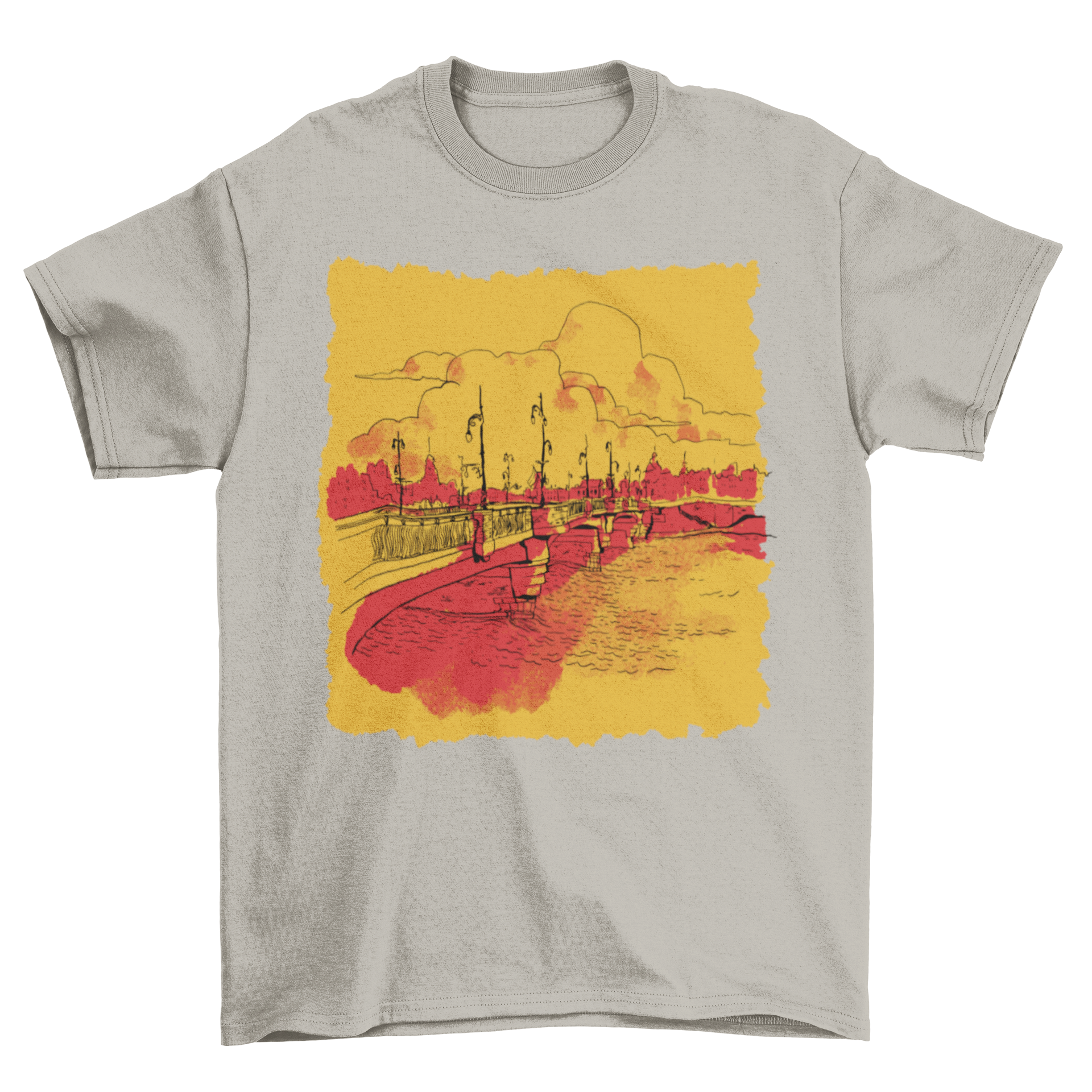 A stylish t-shirt featuring a vibrant design of a bridge over a serene ocean landscape.