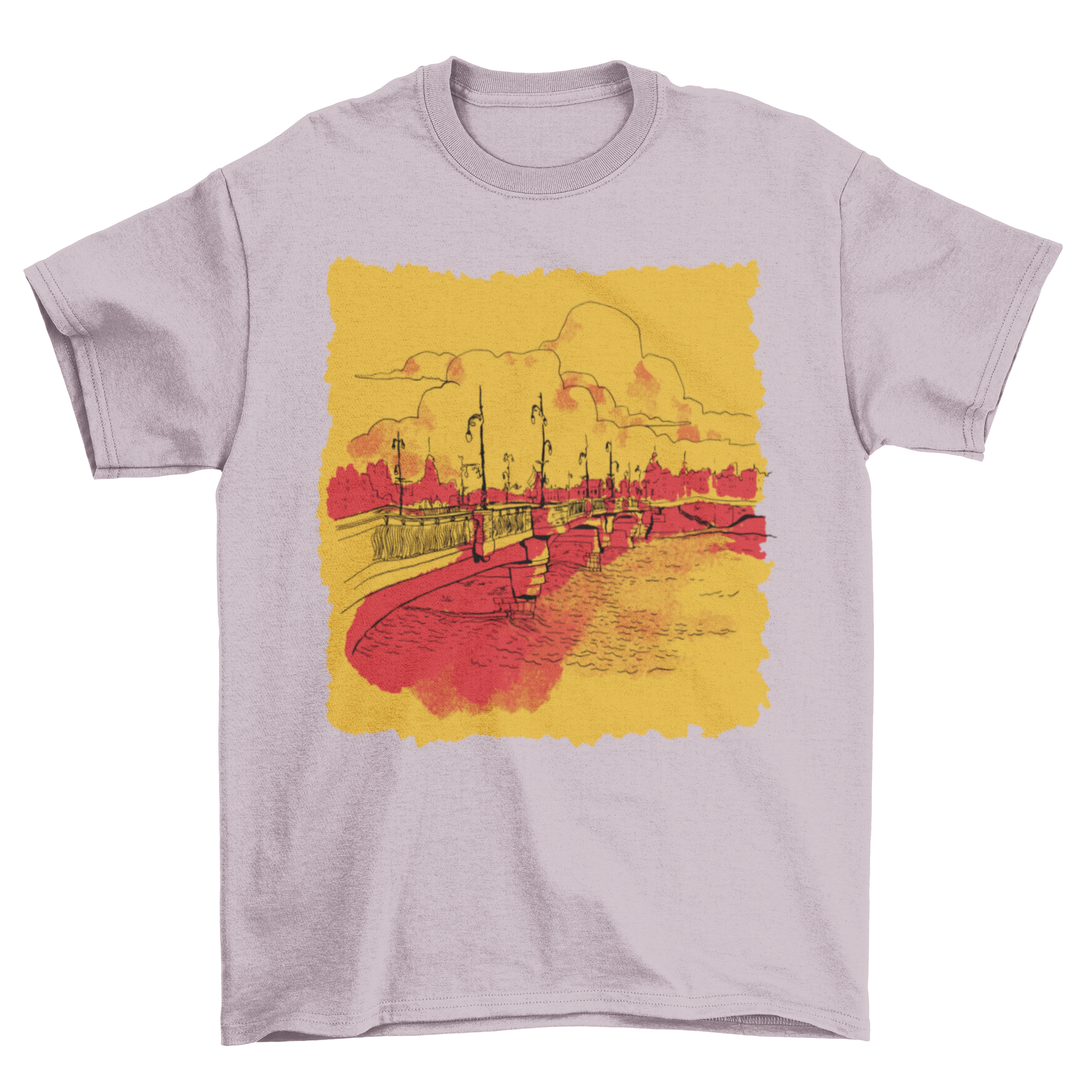A stylish t-shirt featuring a vibrant design of a bridge over a serene ocean landscape.