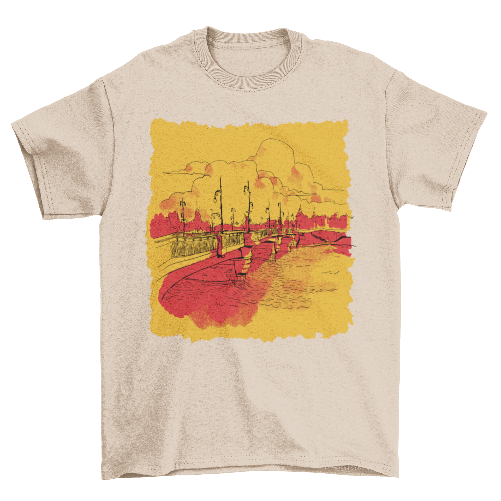 A stylish t-shirt featuring a vibrant design of a bridge over a serene ocean landscape.