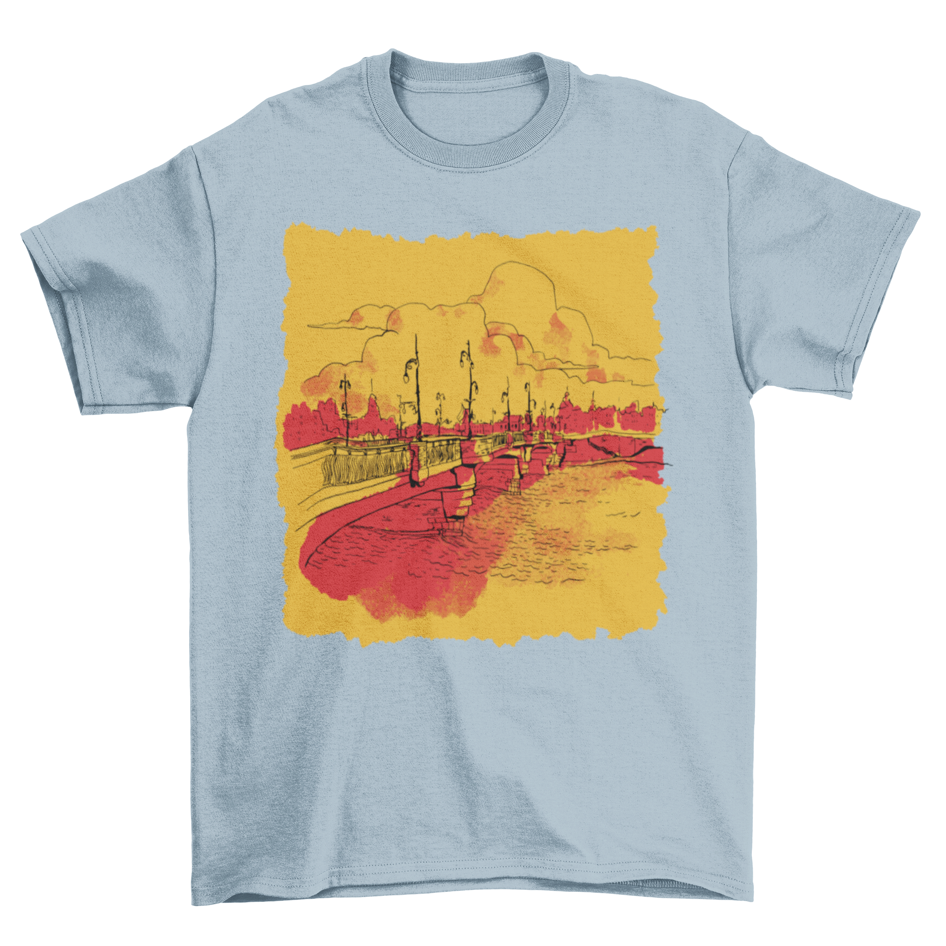 A stylish t-shirt featuring a vibrant design of a bridge over a serene ocean landscape.