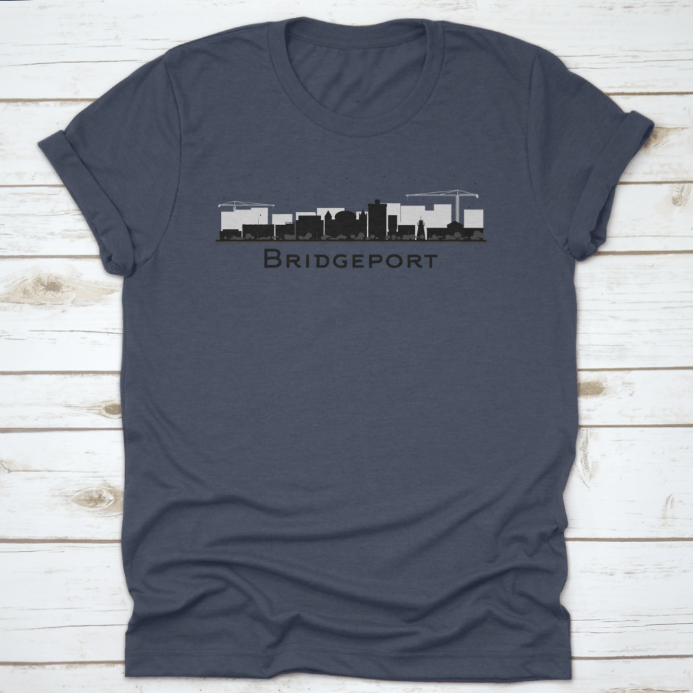 Bridgeport Connecticut City Skyline T-shirt featuring black buildings on a soft cotton fabric.