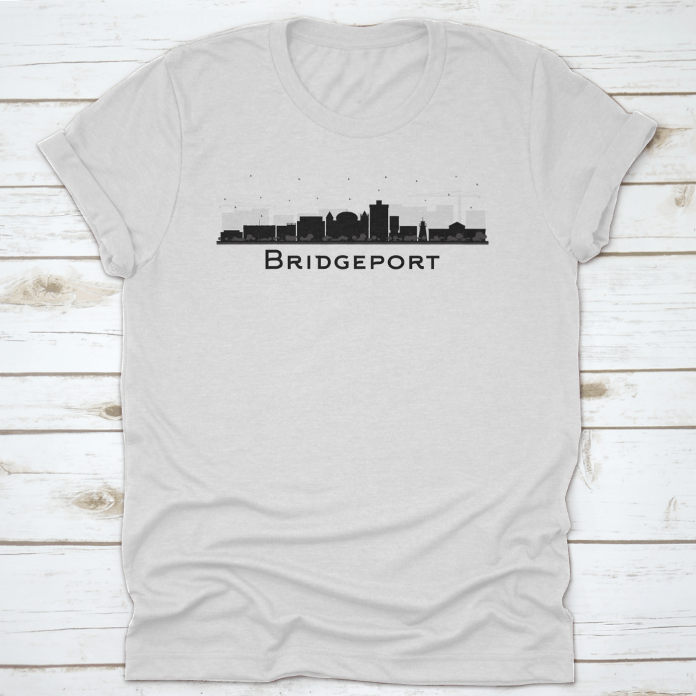 Bridgeport Connecticut City Skyline T-shirt featuring black buildings on a soft cotton fabric.