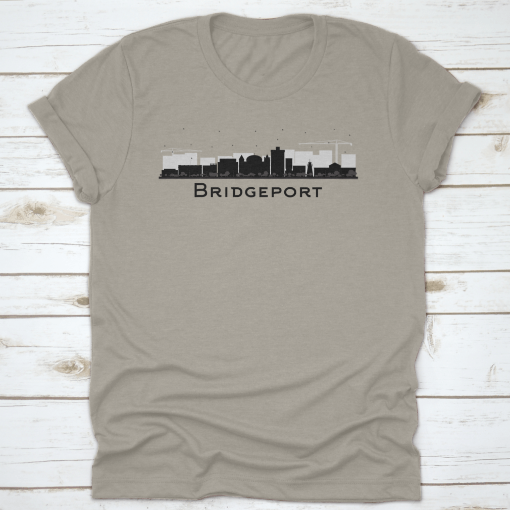 Bridgeport Connecticut City Skyline T-shirt featuring black buildings on a soft cotton fabric.