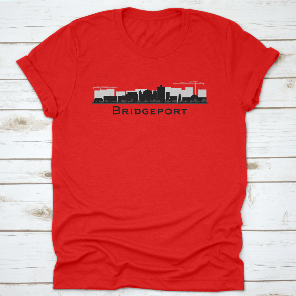 Bridgeport Connecticut City Skyline T-shirt featuring black buildings on a soft cotton fabric.