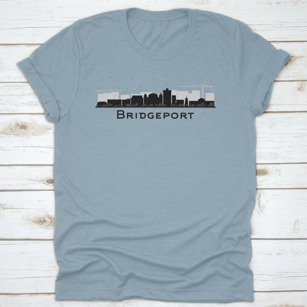 Bridgeport Connecticut City Skyline T-shirt featuring black buildings on a soft cotton fabric.