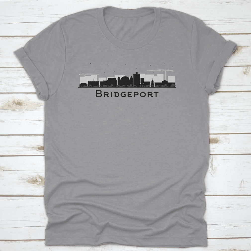 Bridgeport Connecticut City Skyline T-shirt featuring black buildings on a soft cotton fabric.