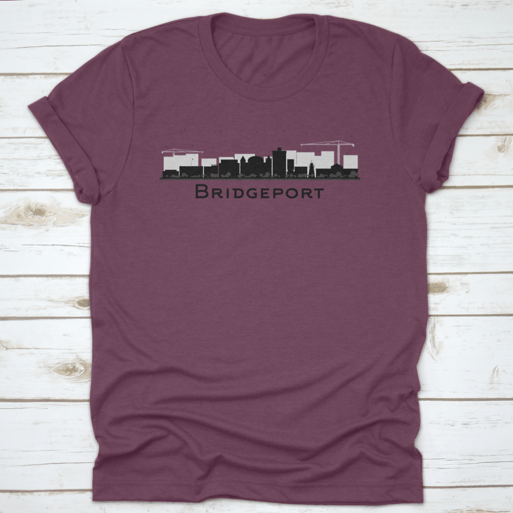 Bridgeport Connecticut City Skyline T-shirt featuring black buildings on a soft cotton fabric.
