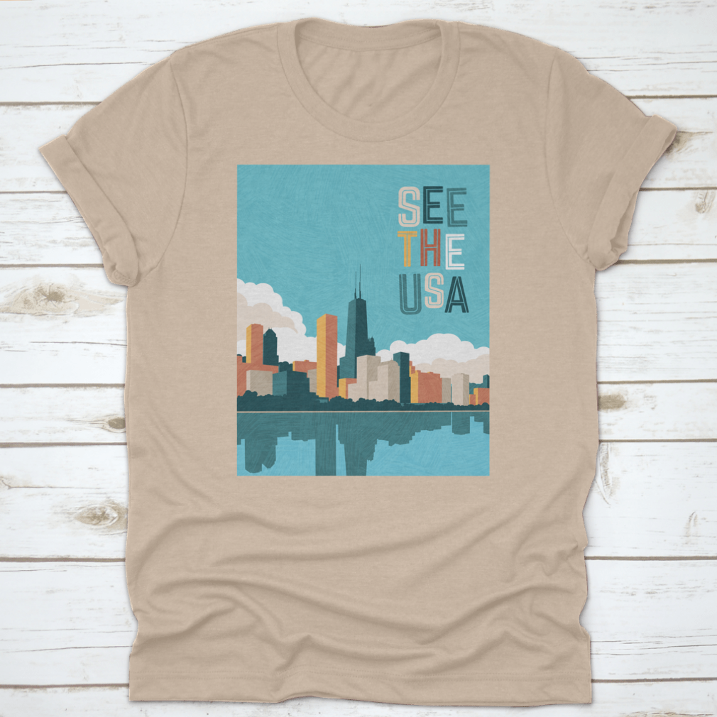 Bright colored travel poster featuring the Chicago skyline on Lake Michigan, showcasing vibrant colors and iconic architecture.