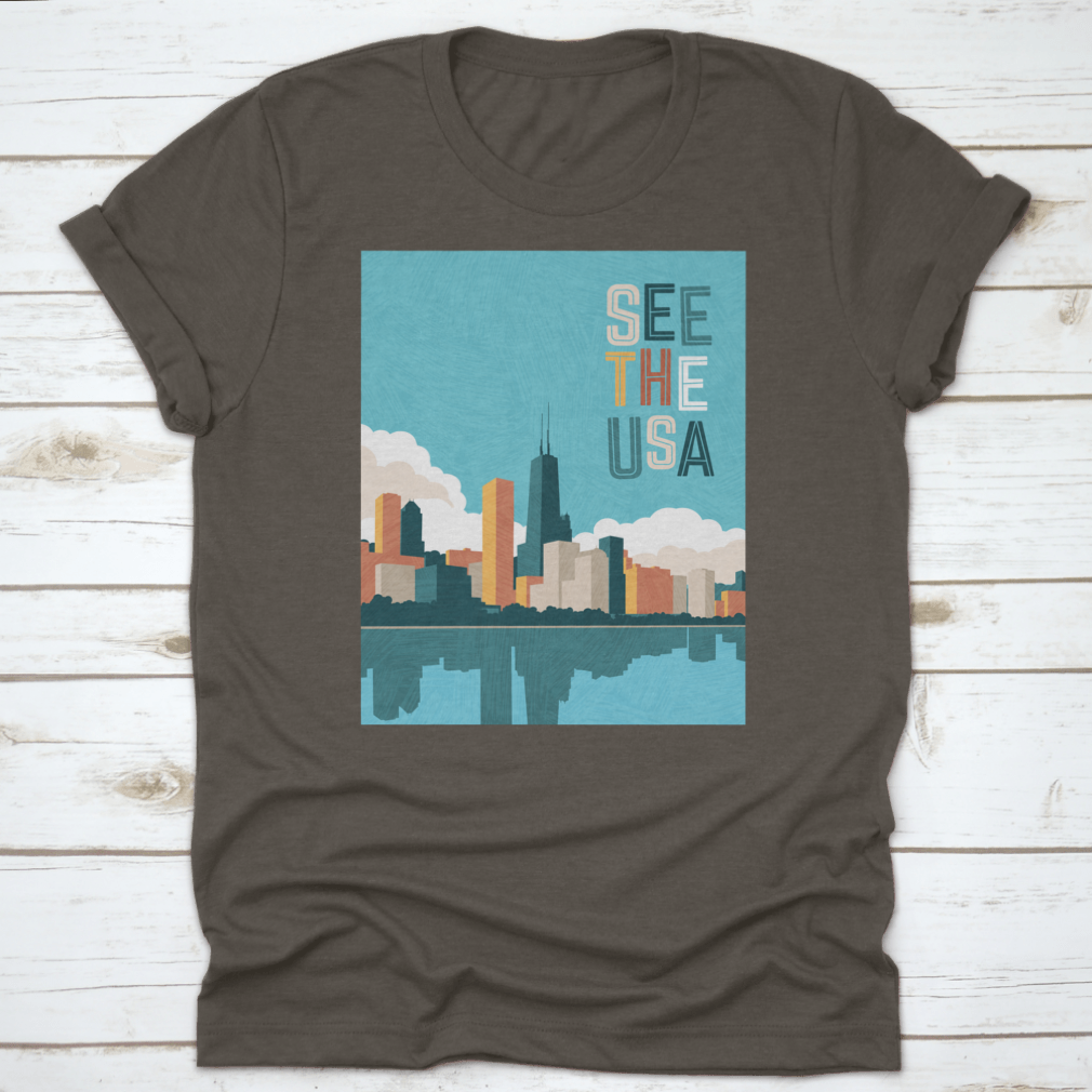 Bright colored travel poster featuring the Chicago skyline on Lake Michigan, showcasing vibrant colors and iconic architecture.