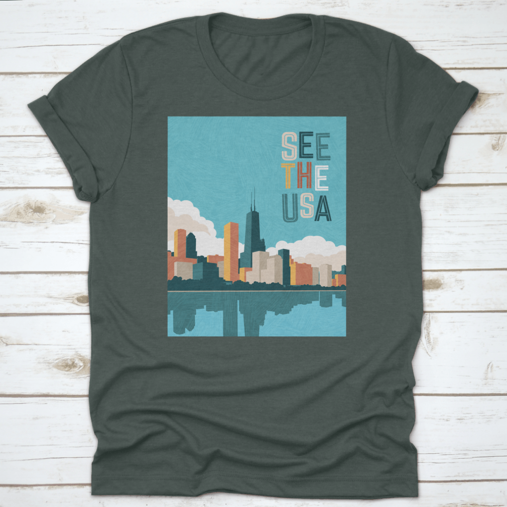 Bright colored travel poster featuring the Chicago skyline on Lake Michigan, showcasing vibrant colors and iconic architecture.