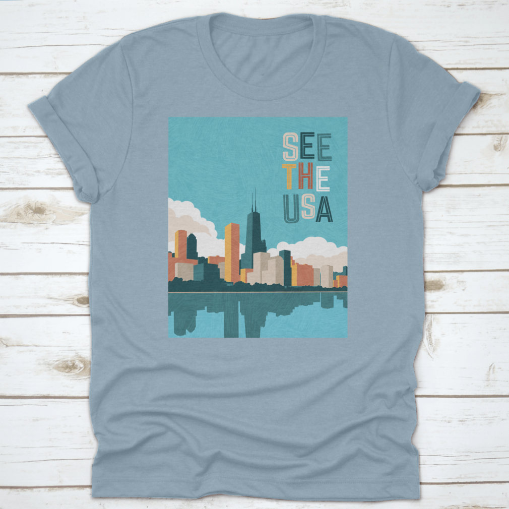 Bright colored travel poster featuring the Chicago skyline on Lake Michigan, showcasing vibrant colors and iconic architecture.