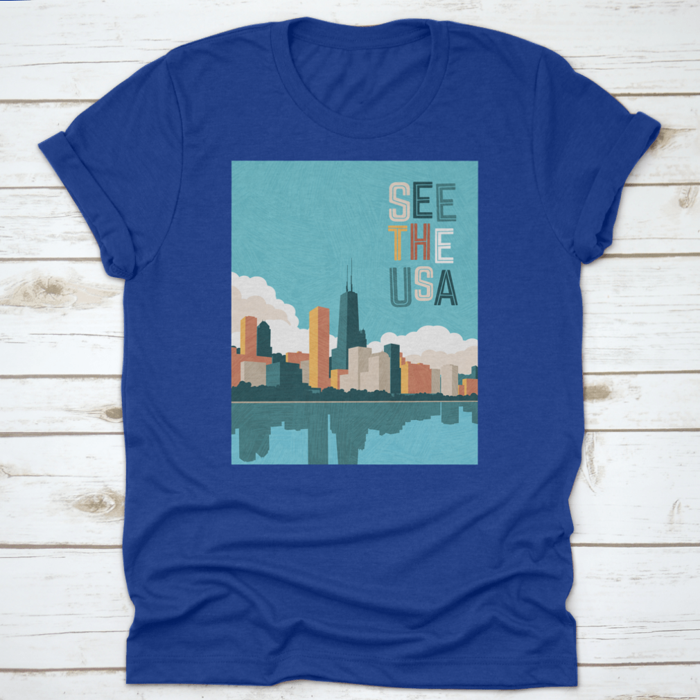 Bright colored travel poster featuring the Chicago skyline on Lake Michigan, showcasing vibrant colors and iconic architecture.