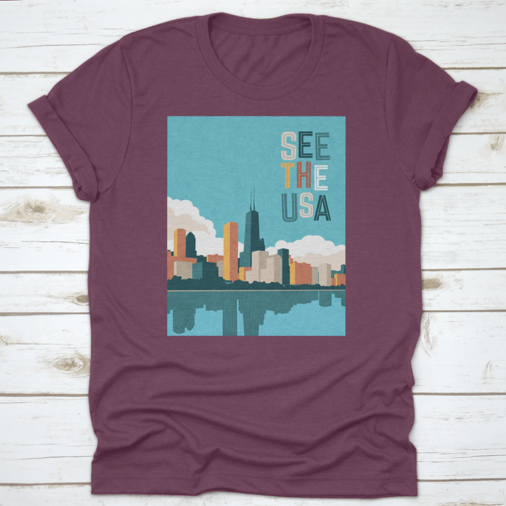 Bright colored travel poster featuring the Chicago skyline on Lake Michigan, showcasing vibrant colors and iconic architecture.