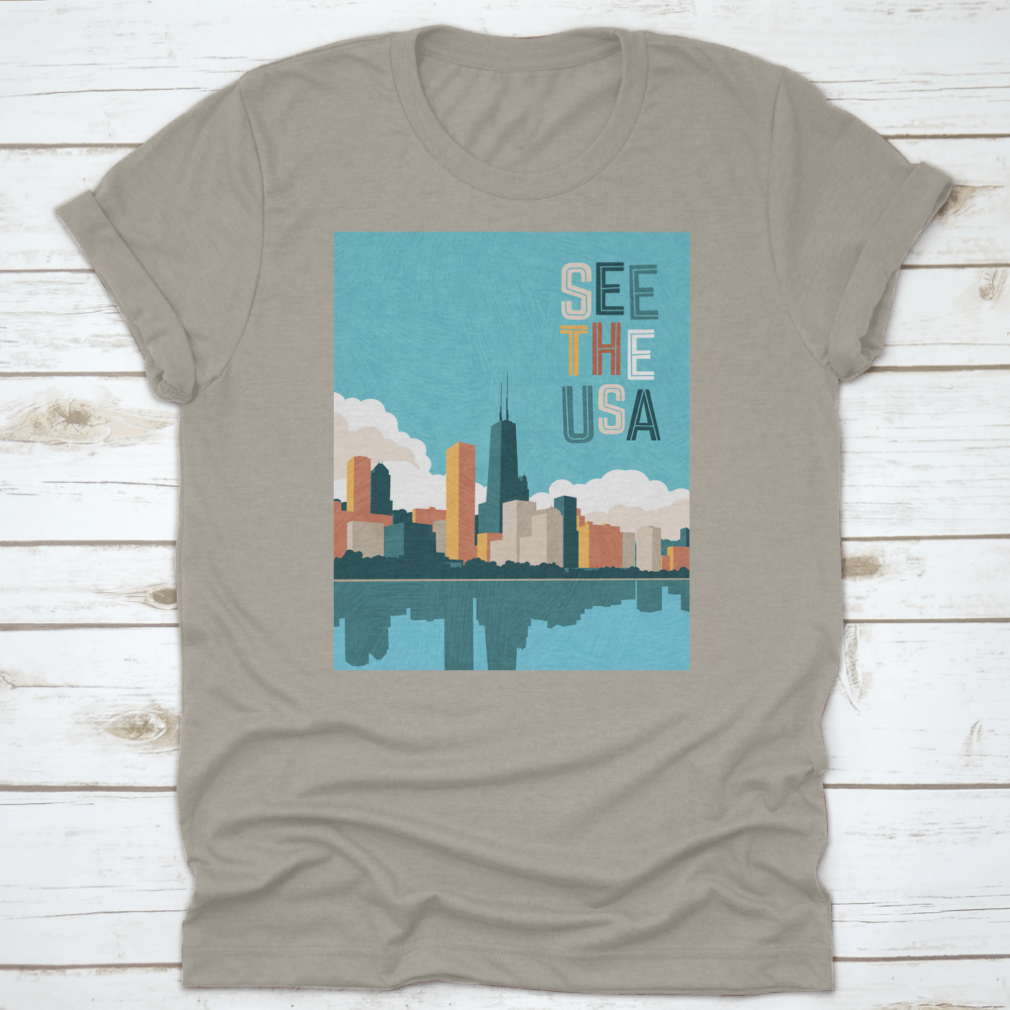 Bright colored travel poster featuring the Chicago skyline on Lake Michigan, showcasing vibrant colors and iconic architecture.