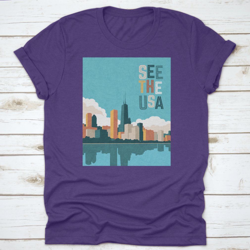 Bright colored travel poster featuring the Chicago skyline on Lake Michigan, showcasing vibrant colors and iconic architecture.