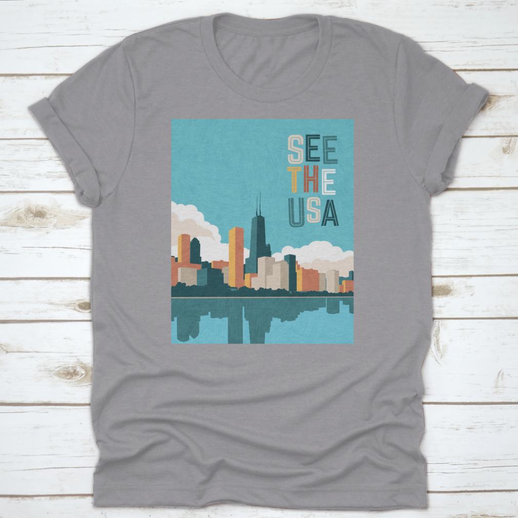 Bright colored travel poster featuring the Chicago skyline on Lake Michigan, showcasing vibrant colors and iconic architecture.