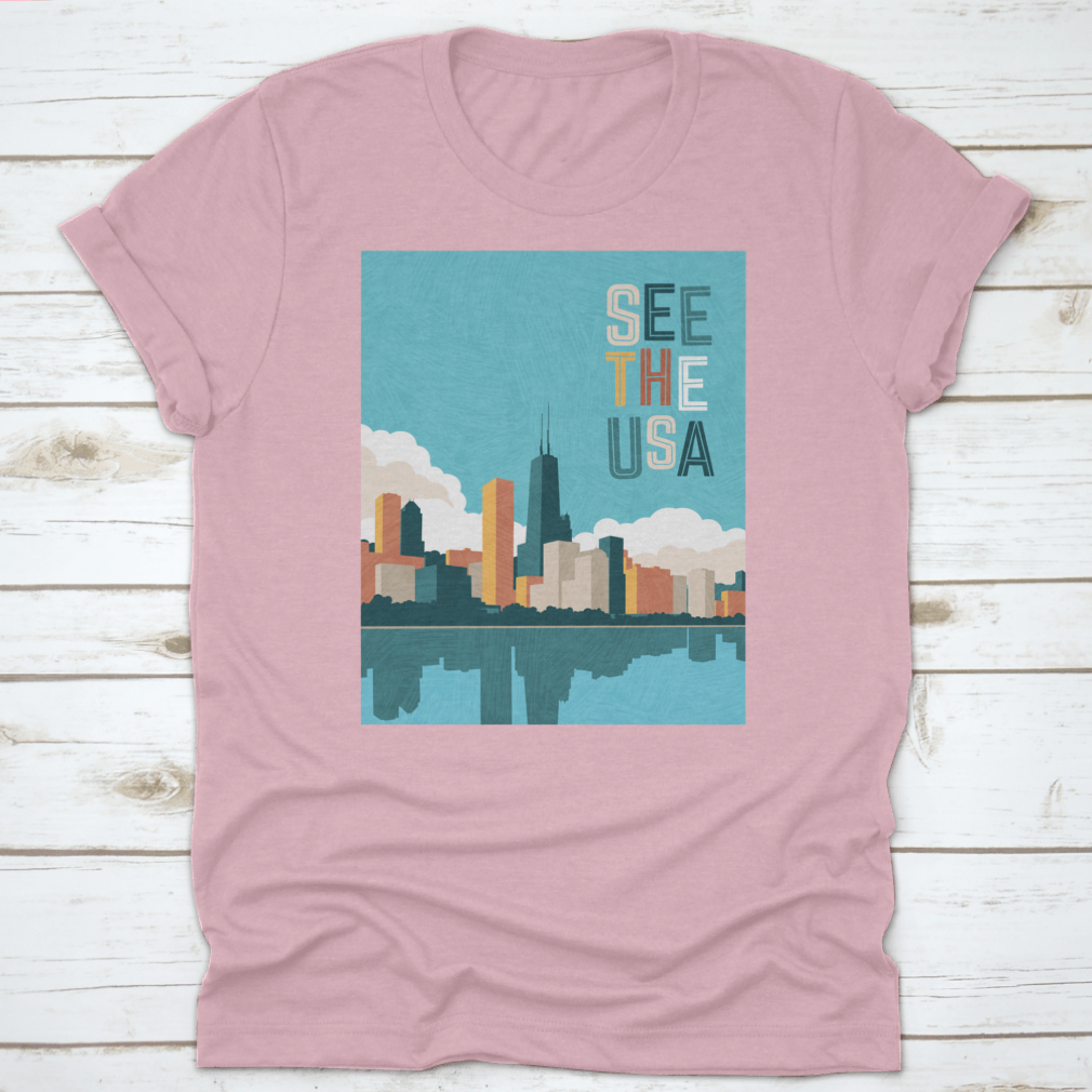 Bright colored travel poster featuring the Chicago skyline on Lake Michigan, showcasing vibrant colors and iconic architecture.