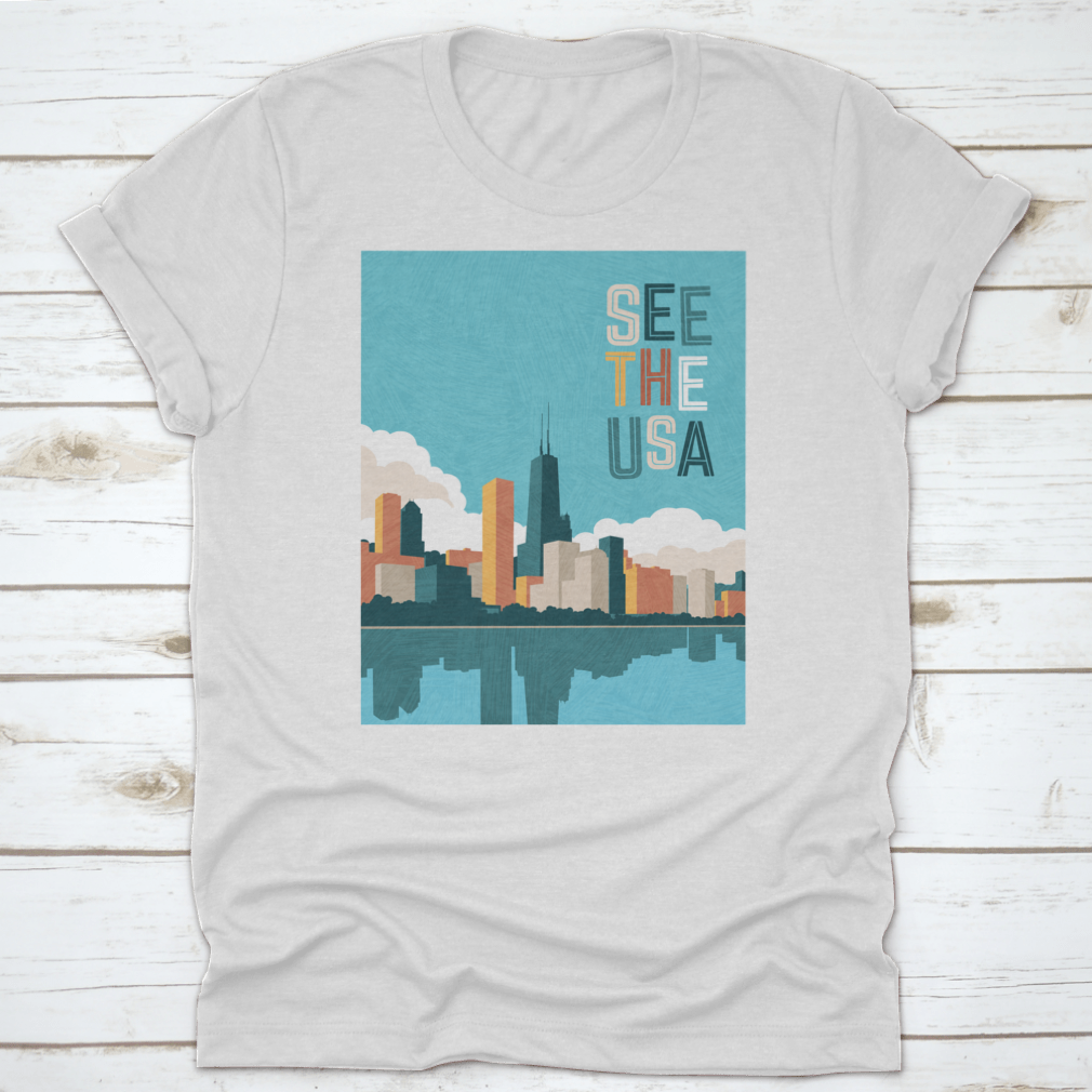 Bright colored travel poster featuring the Chicago skyline on Lake Michigan, showcasing vibrant colors and iconic architecture.