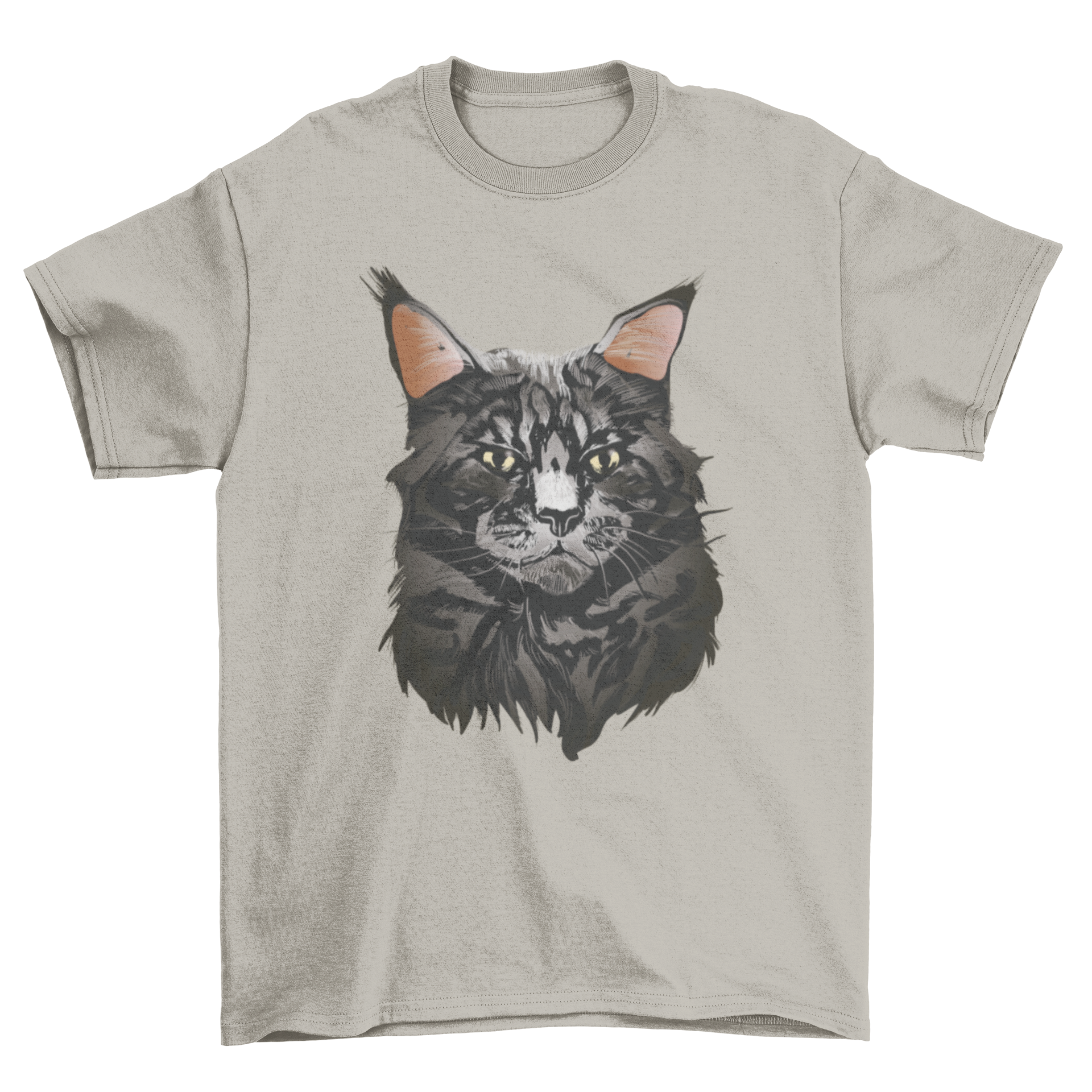 A stylish t-shirt featuring a realistic portrait of a British Maine Coon cat, showcasing its fluffy fur and striking features.