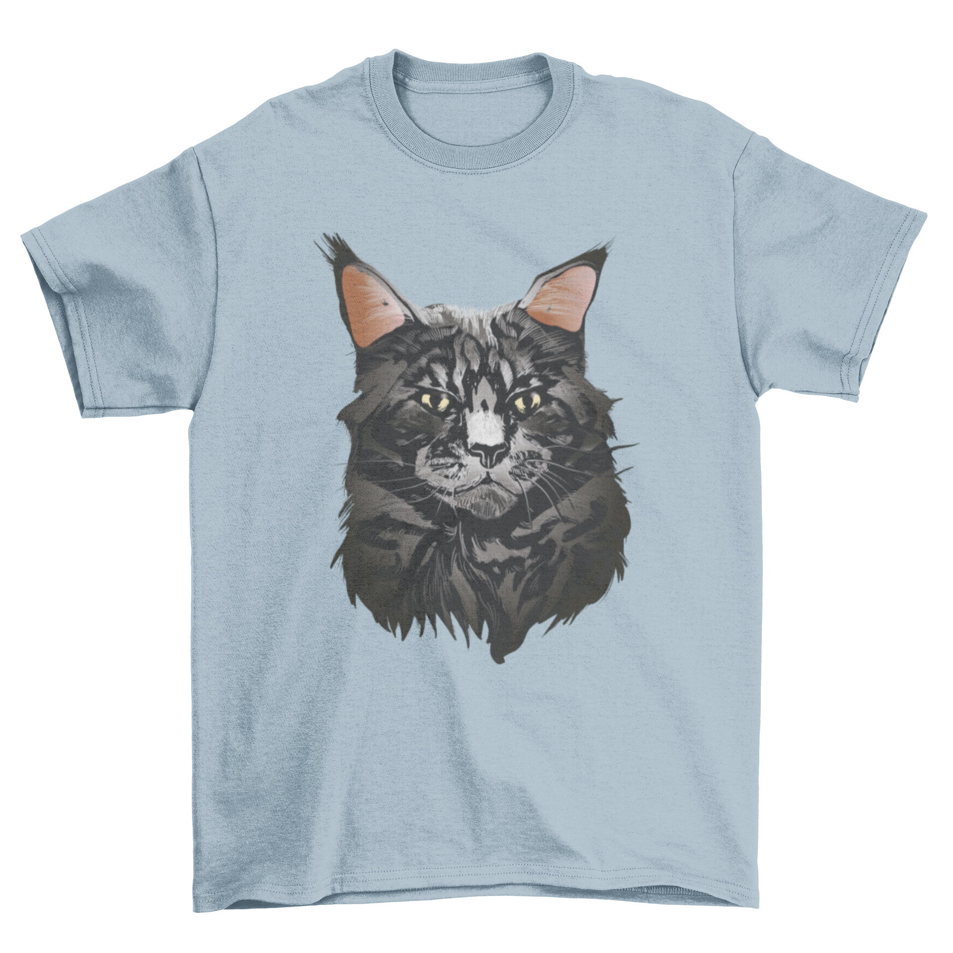 A stylish t-shirt featuring a realistic portrait of a British Maine Coon cat, showcasing its fluffy fur and striking features.