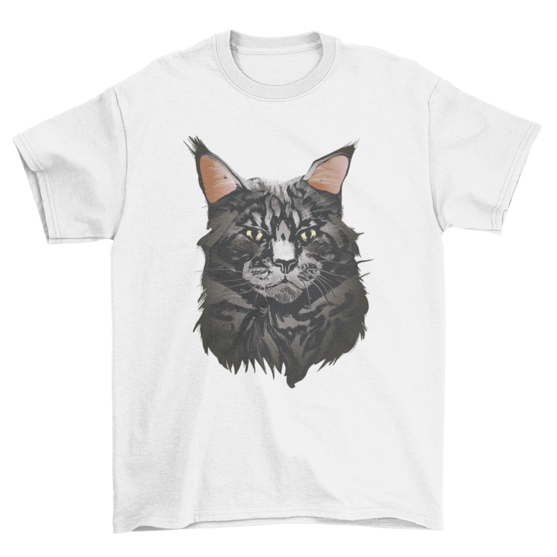 A stylish t-shirt featuring a realistic portrait of a British Maine Coon cat, showcasing its fluffy fur and striking features.
