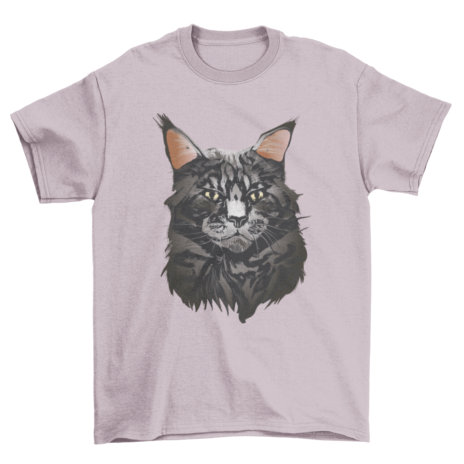 A stylish t-shirt featuring a realistic portrait of a British Maine Coon cat, showcasing its fluffy fur and striking features.
