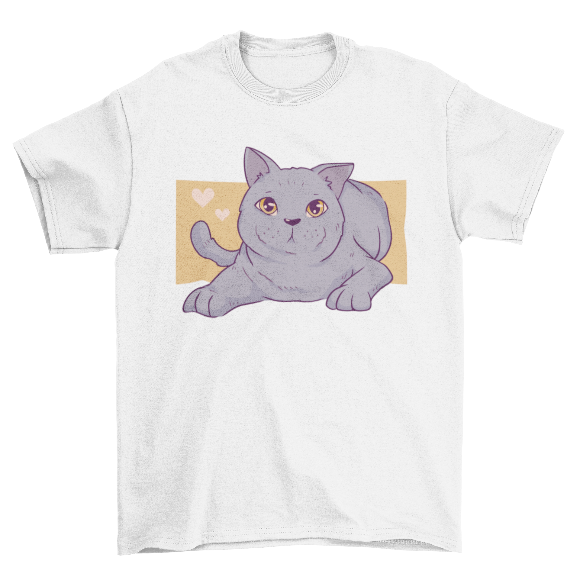 Stylish t-shirt featuring a British Shorthair gray cat lying down, perfect for cat lovers.