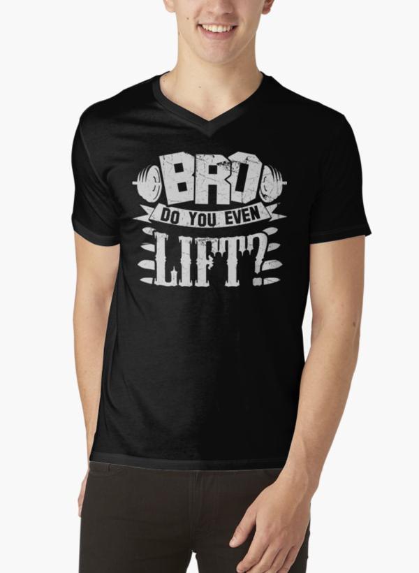 Bro Do You Even Lift Gym Fitness Black V-neck T-Shirt displayed on a hanger, showcasing its soft cotton fabric and stylish design.