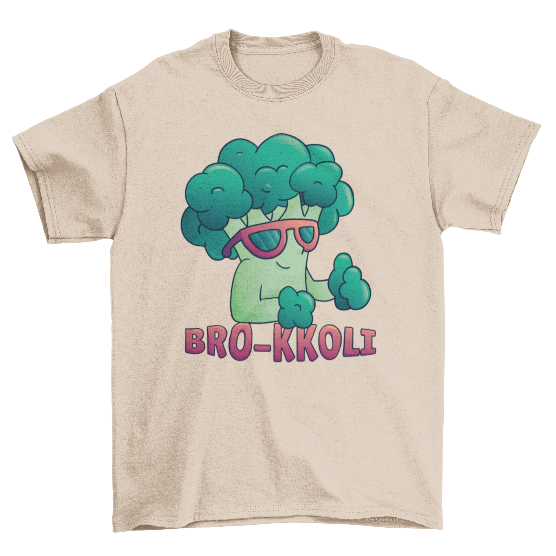 A humorous T-shirt featuring a cool broccoli character and the text 'BRO-KKOLI', perfect for casual wear.
