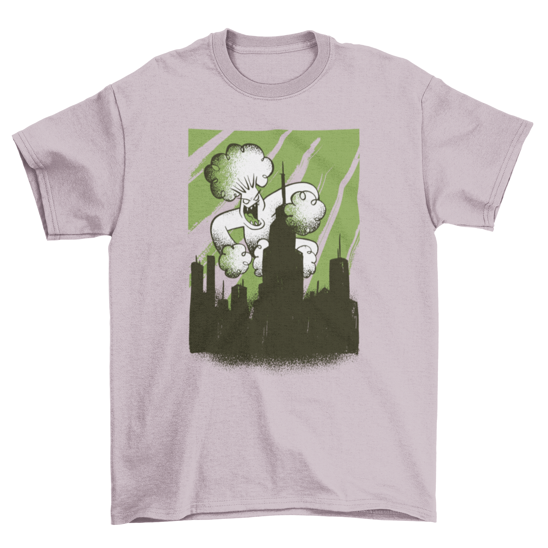 A playful t-shirt featuring a broccoli monster attacking a city, showcasing vibrant colors and a fun design.