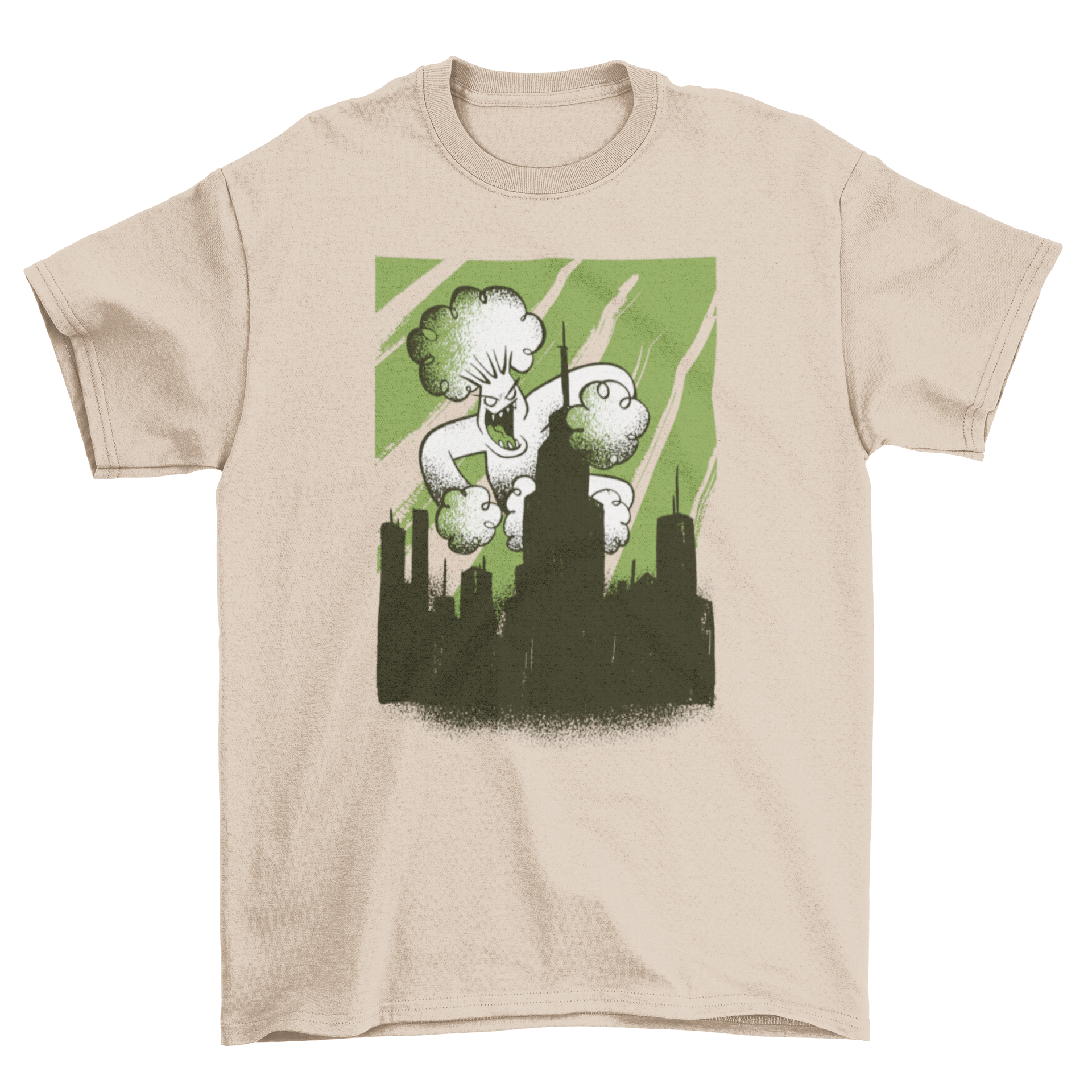 A playful t-shirt featuring a broccoli monster attacking a city, showcasing vibrant colors and a fun design.