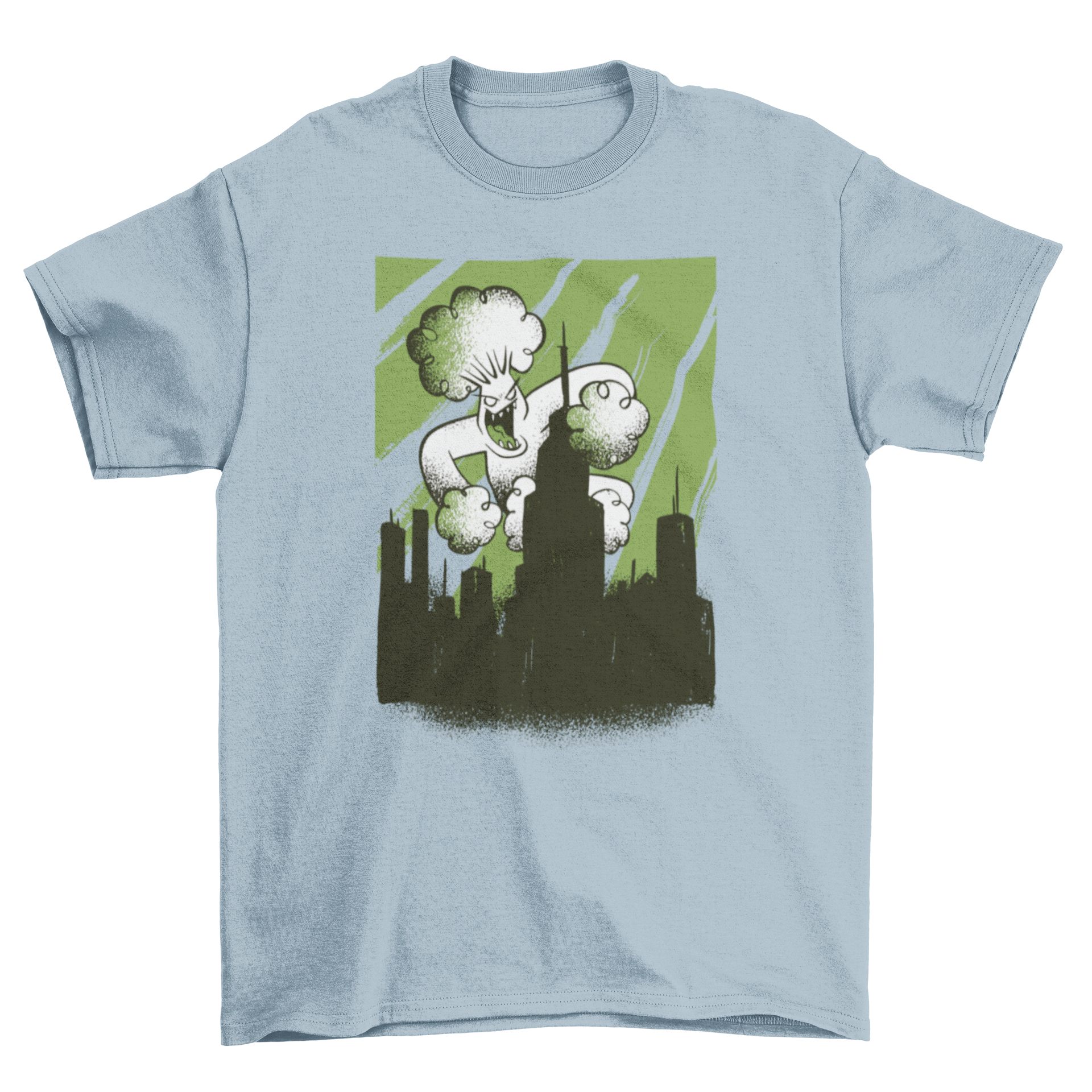 A playful t-shirt featuring a broccoli monster attacking a city, showcasing vibrant colors and a fun design.