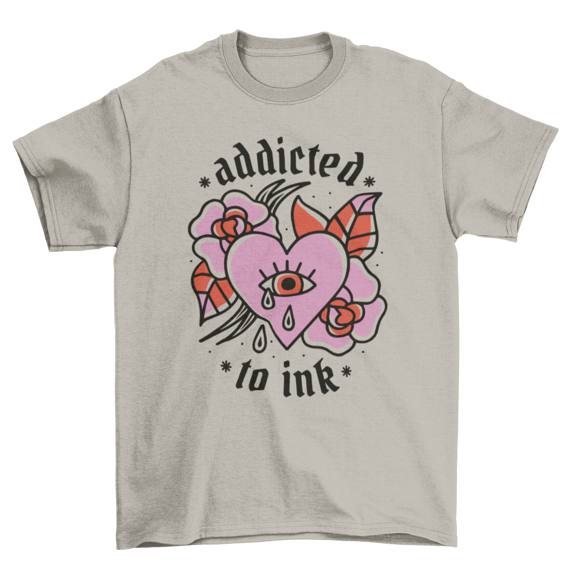 A t-shirt featuring a broken sad eye heart tattoo design with tears and the quote 'Addicted to ink' in tattoo style font.