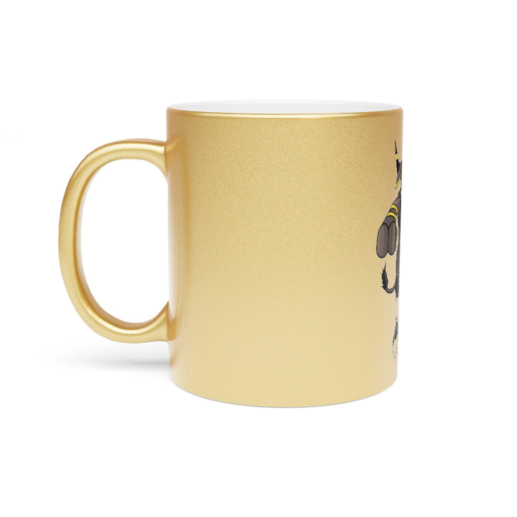 Brossox Metallic Mug in Silver and Gold with personalized designs, showcasing a sleek ceramic finish and comfortable C-handle.