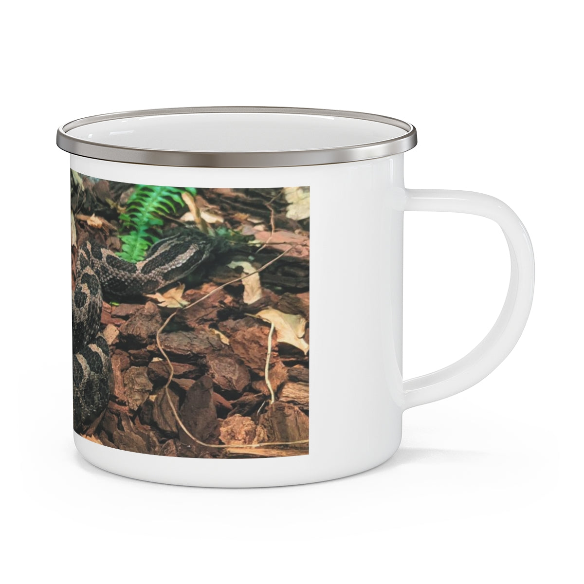 Brown and black enamel camping mug featuring a snake design, perfect for outdoor adventures and personalized printing.