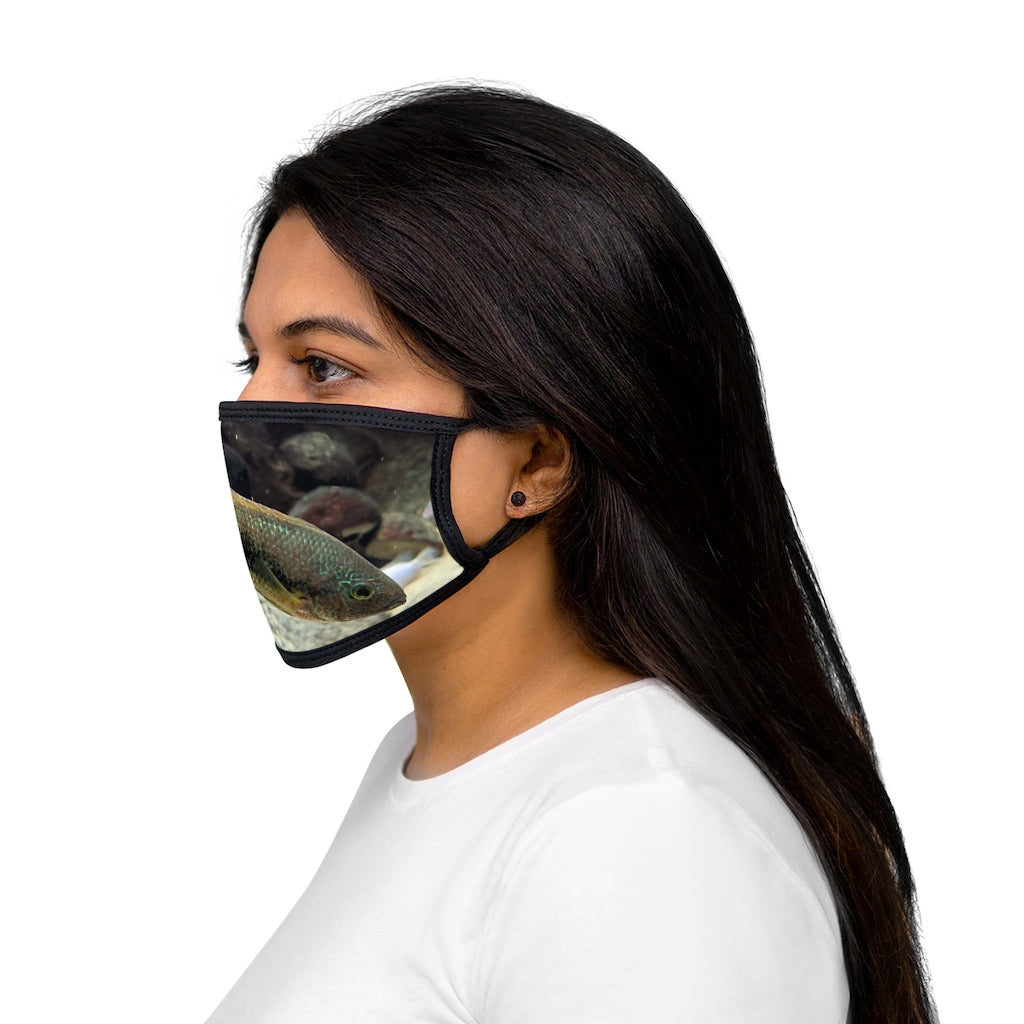 Brown and orange fish patterned mixed-fabric face mask with black edges and earloops, designed for everyday use.