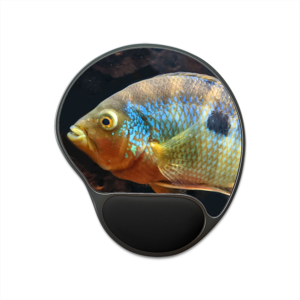 Brown and orange fish mouse pad with ergonomic wrist rest, featuring a unique design and memory foam support.