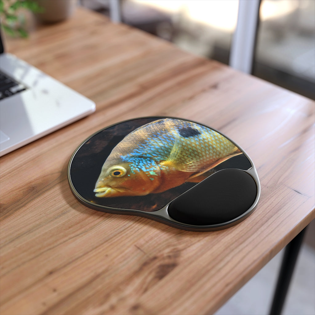 Brown and orange fish mouse pad with ergonomic wrist rest, featuring a unique design and memory foam support.