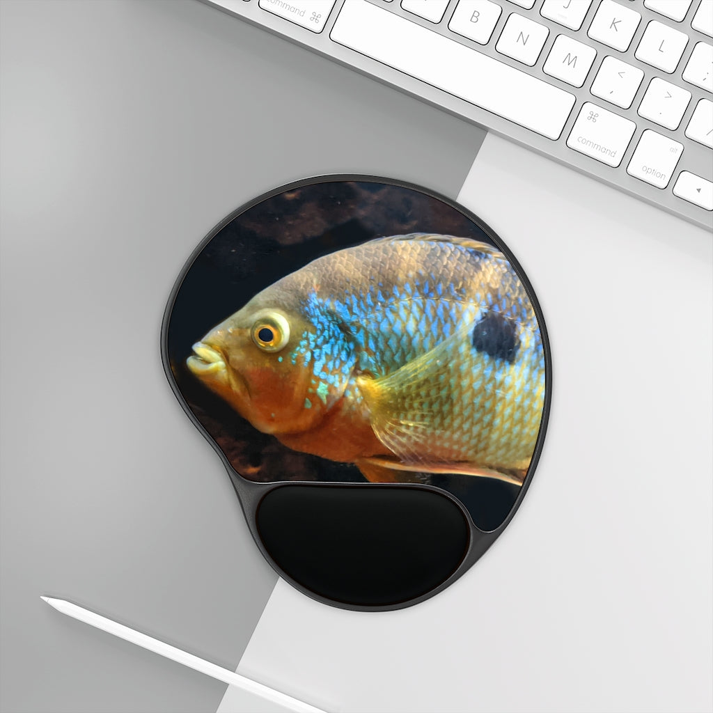 Brown and orange fish mouse pad with ergonomic wrist rest, featuring a unique design and memory foam support.