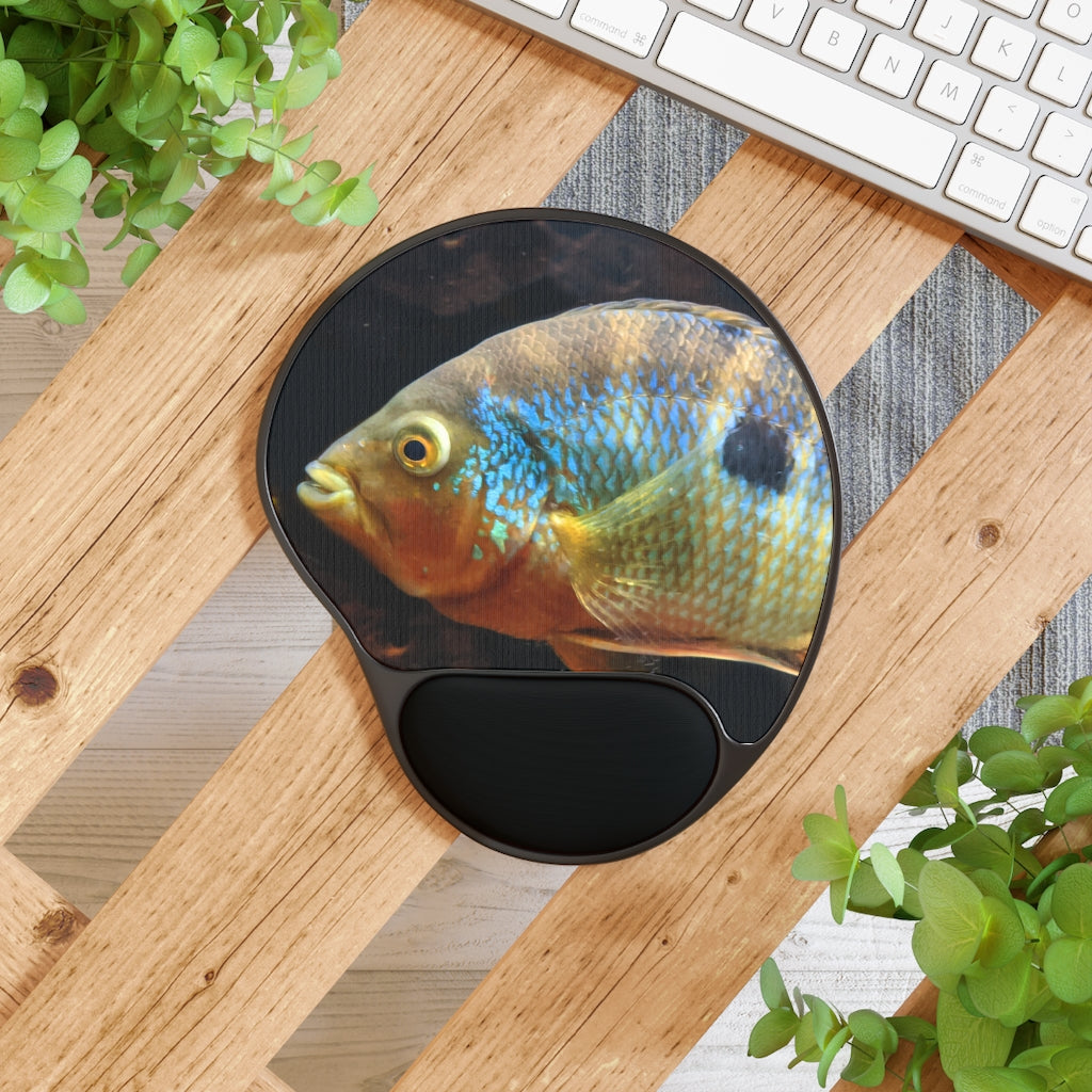Brown and orange fish mouse pad with ergonomic wrist rest, featuring a unique design and memory foam support.