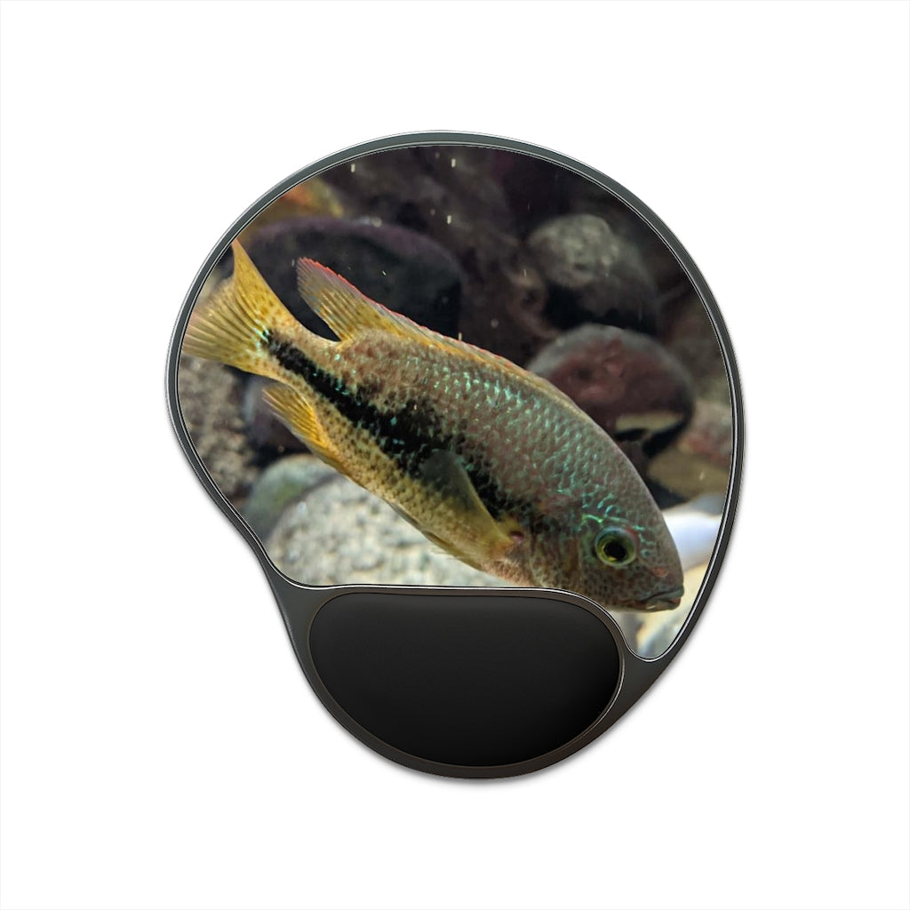 Brown and orange fish mouse pad with ergonomic wrist rest, featuring a custom-printed neoprene insert and a foot-shaped black plastic base.