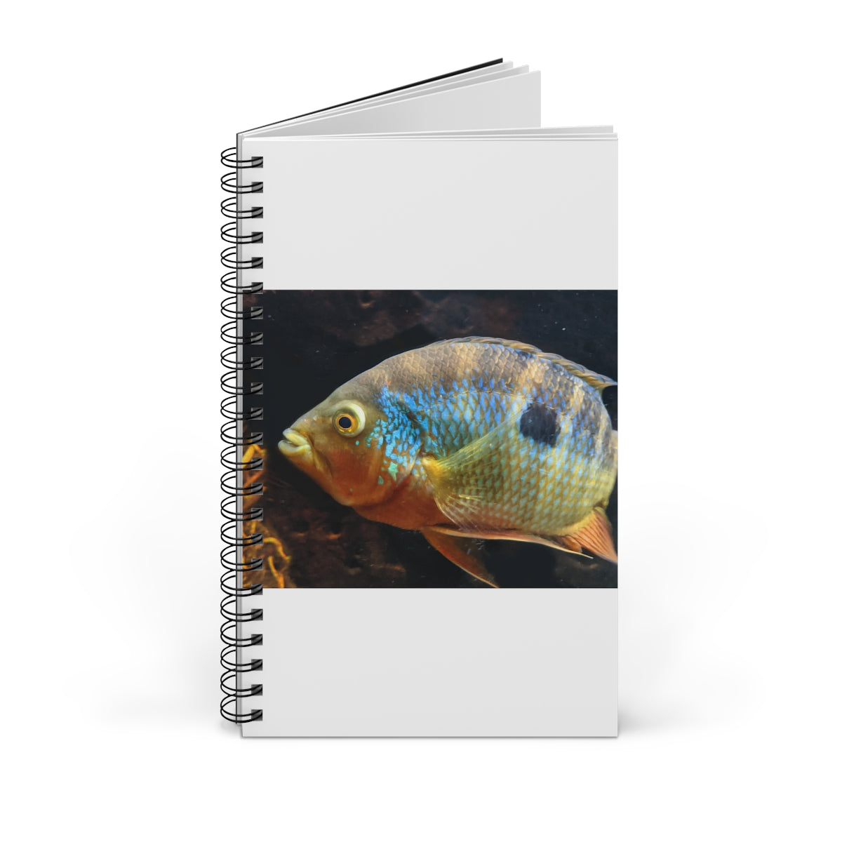 Brown and orange spiral journal featuring a fish design on the front cover, showcasing its vibrant colors and spiral binding.