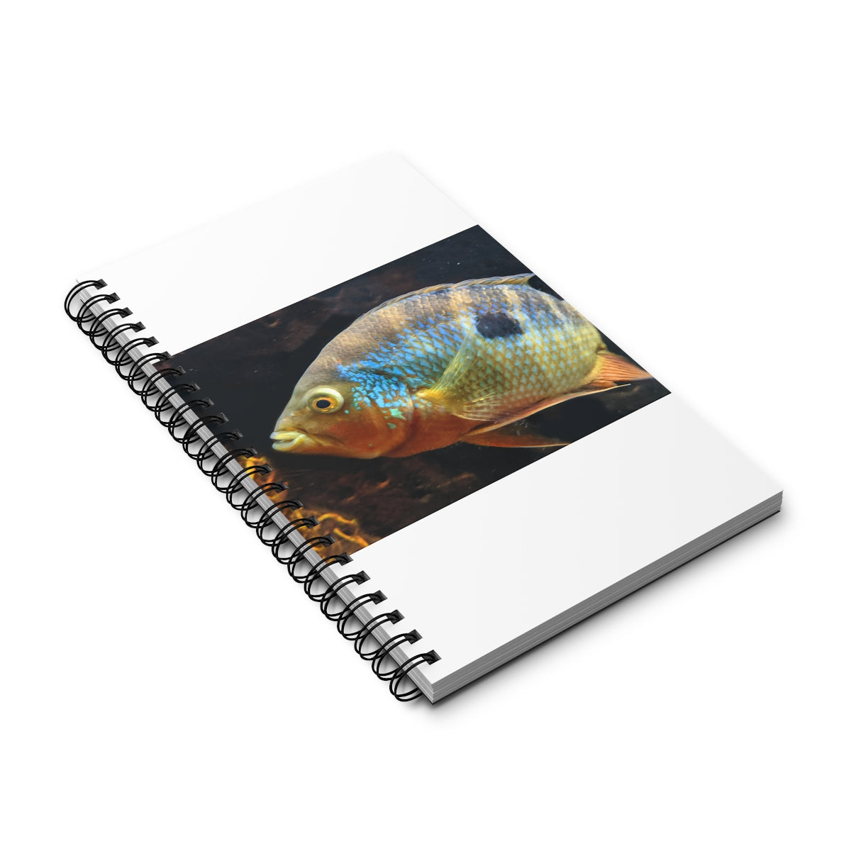 Brown and orange spiral journal featuring a fish design on the front cover, showcasing its vibrant colors and spiral binding.