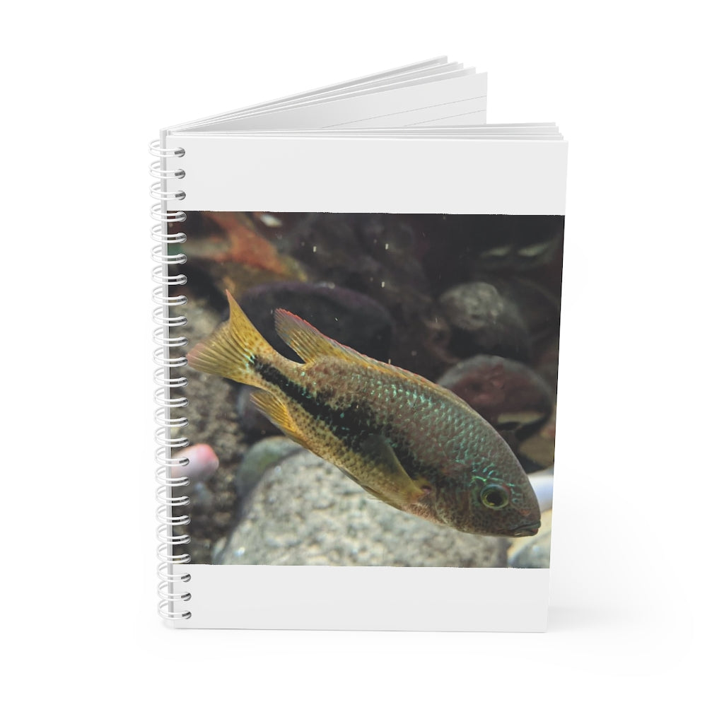 Brown and orange spiral notebook featuring a fish design on the cover, showcasing customizable front and back covers.